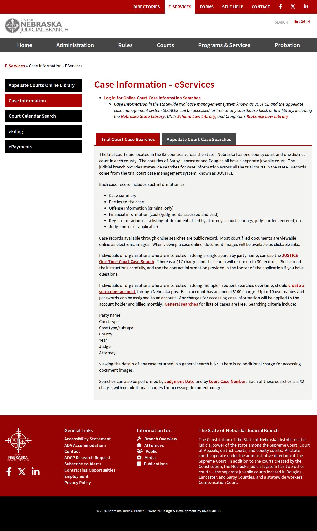 Nebraska Judicial Branch case-information page used for Otoe County searches