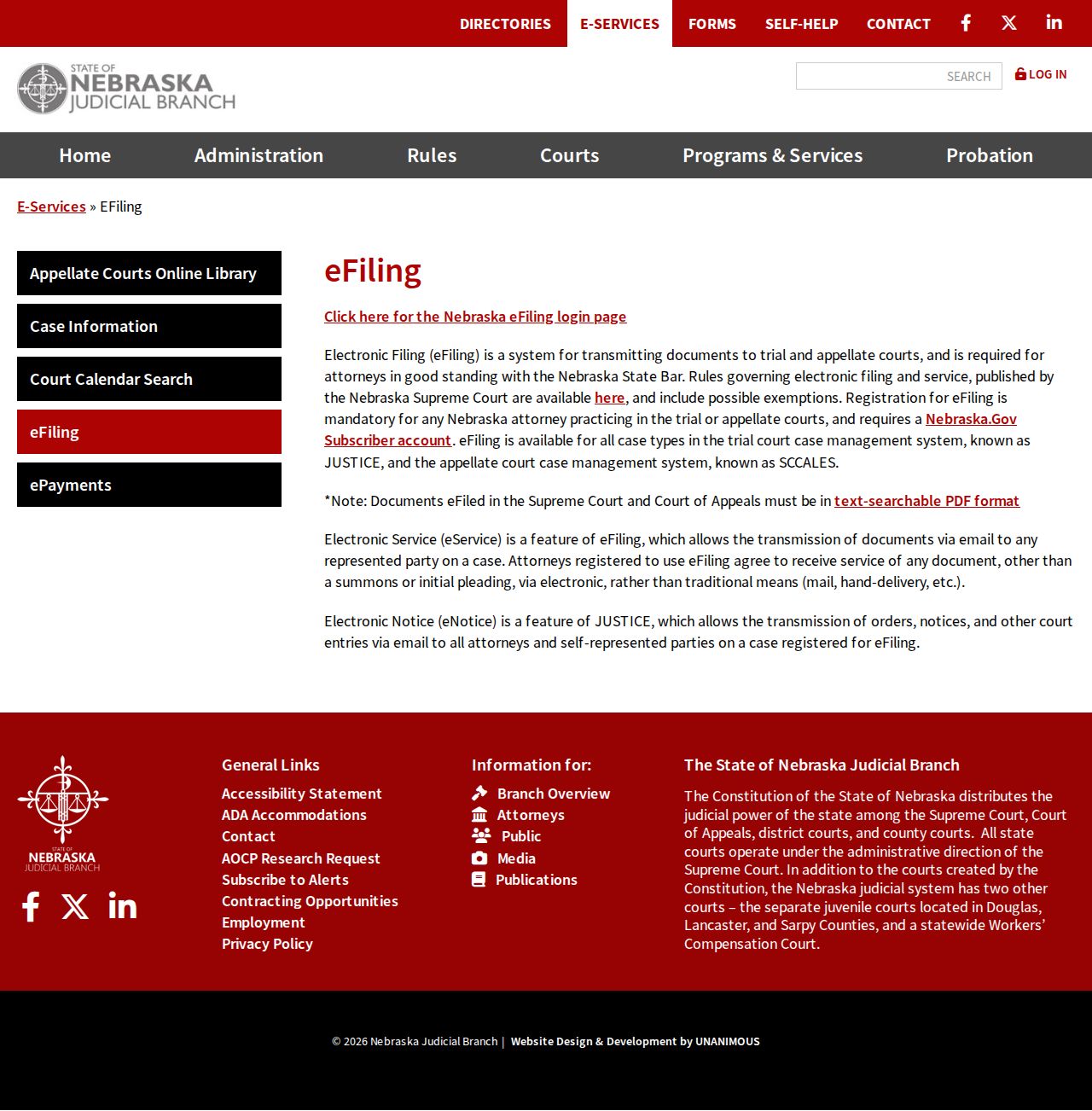 Nebraska Judicial Branch eFiling information page