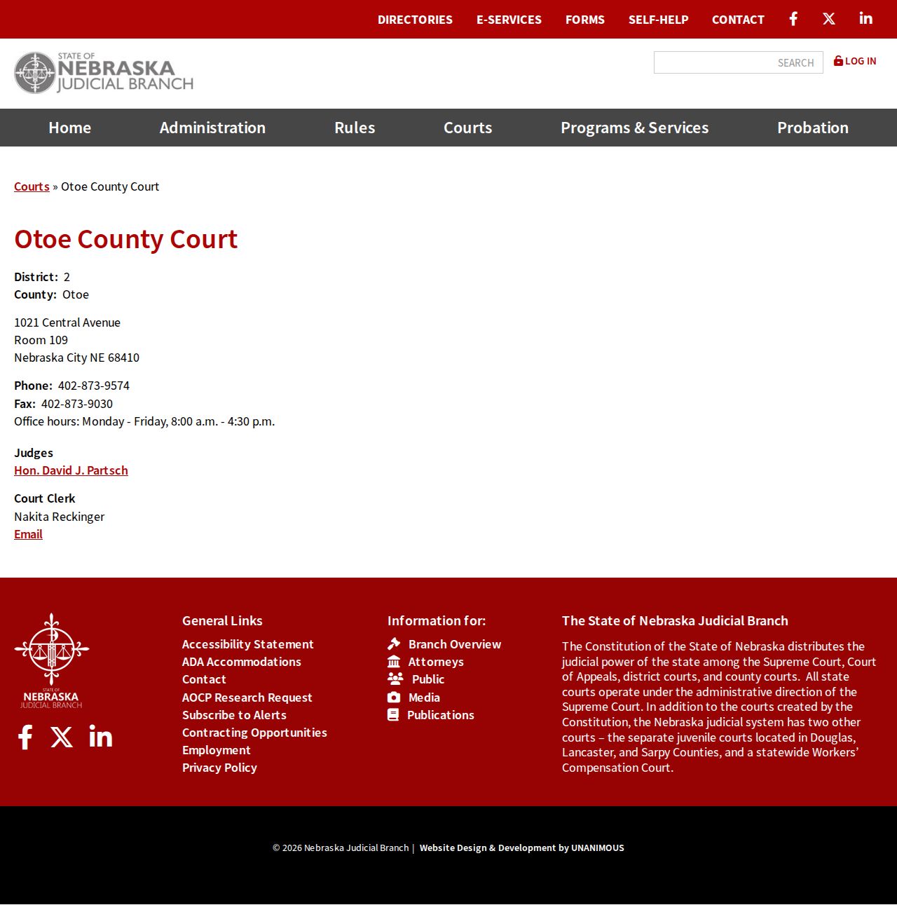 Official Otoe County Court contact information from the Nebraska Judicial Branch