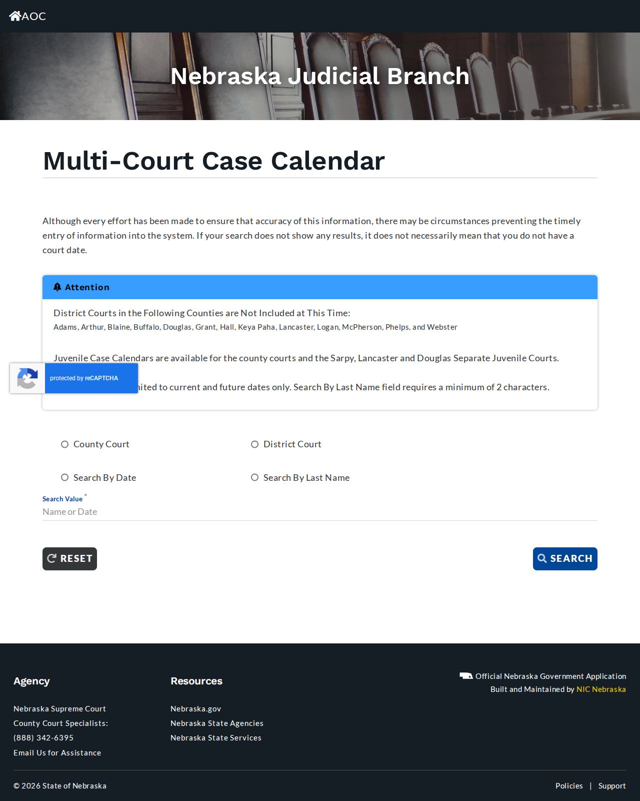 Nebraska Multi-Court Case Calendar search interface for court dates