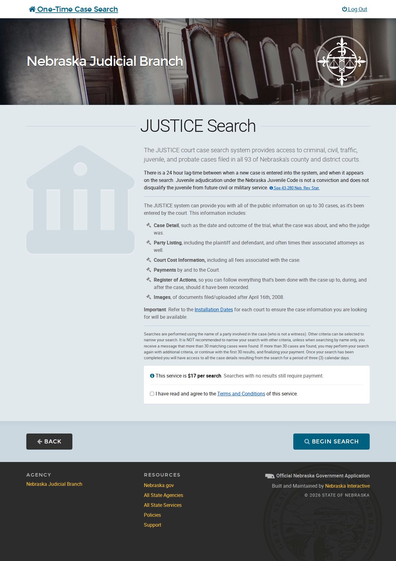 Nebraska JUSTICE one-time case-search entry page