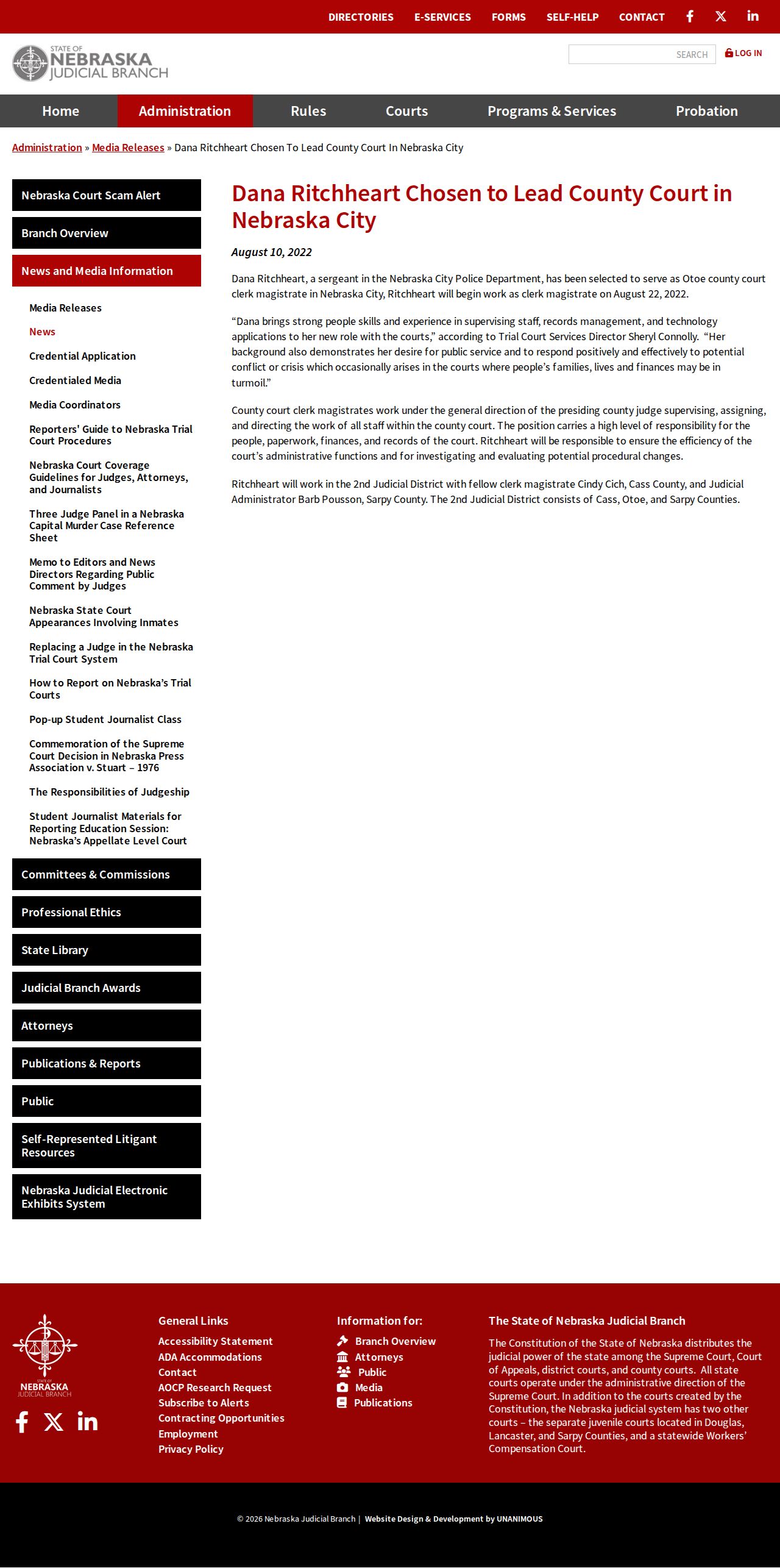 Nebraska Judicial Branch 2022 County Court clerk announcement