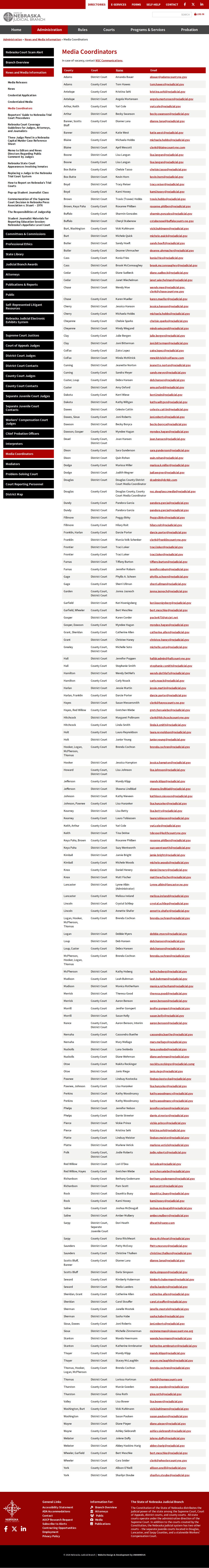 Nebraska Judicial Branch media coordinator directory for Otoe District Court