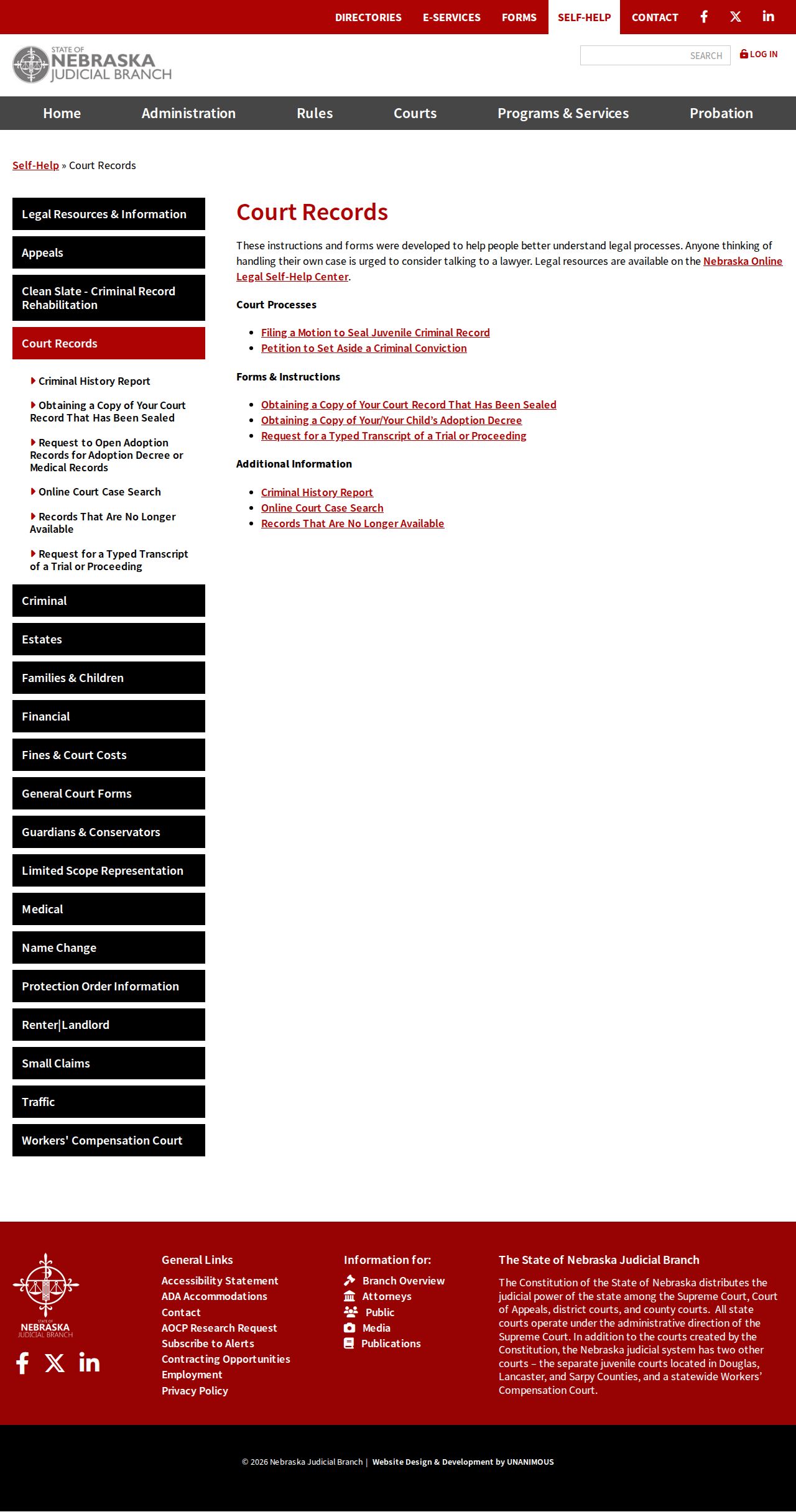 Nebraska Judicial Branch court records self-help page