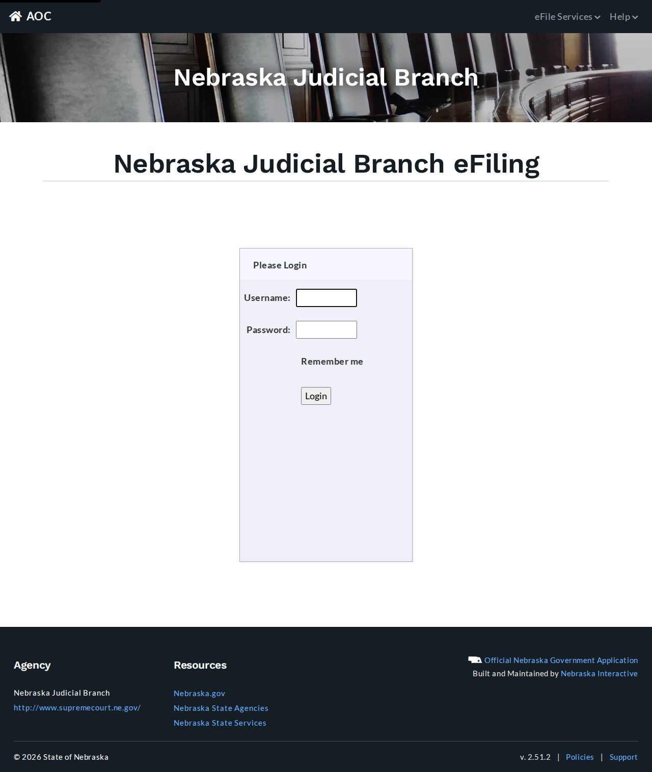 Nebraska.gov eFiling login page