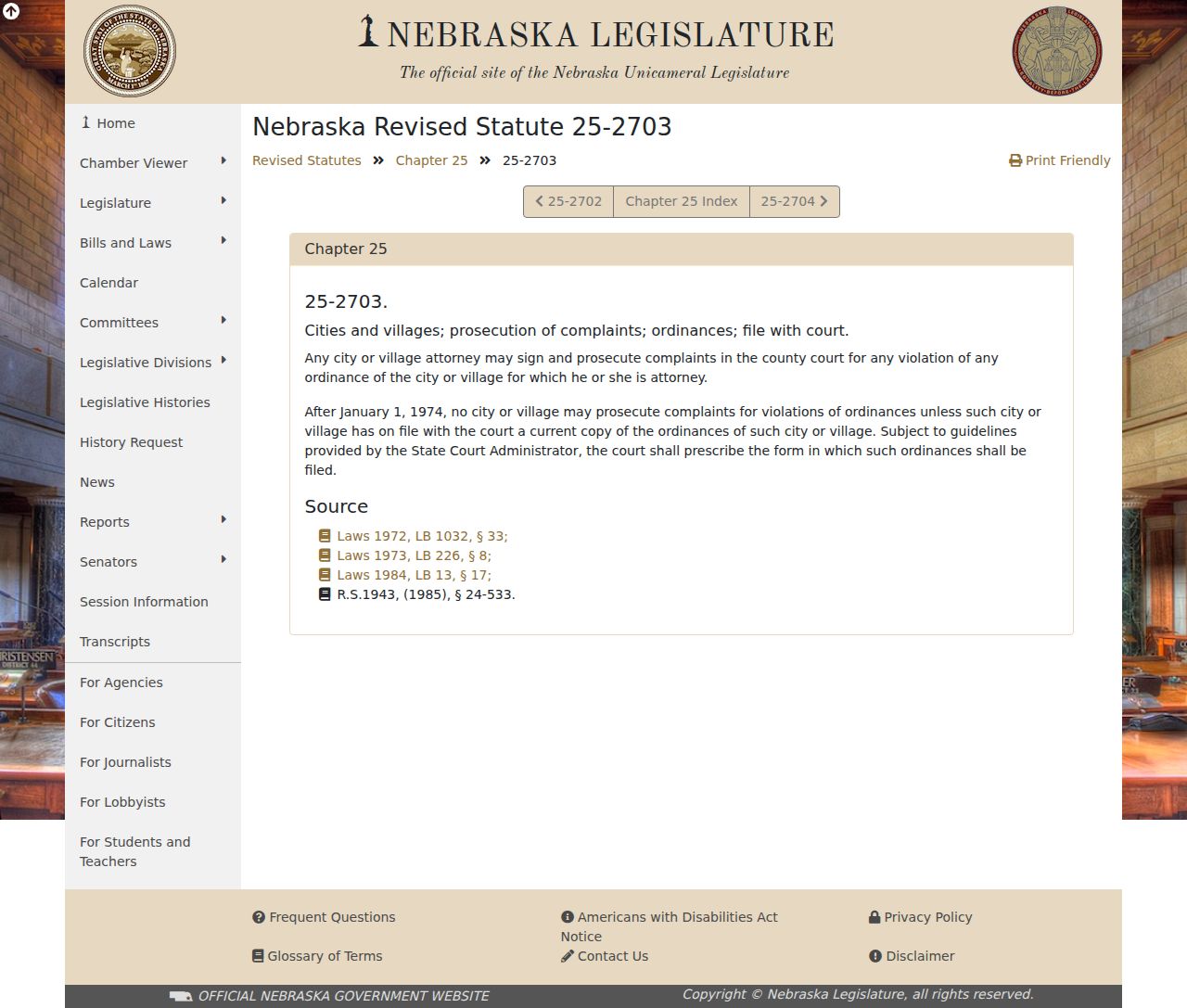 Nebraska statute page for city and village ordinance prosecution