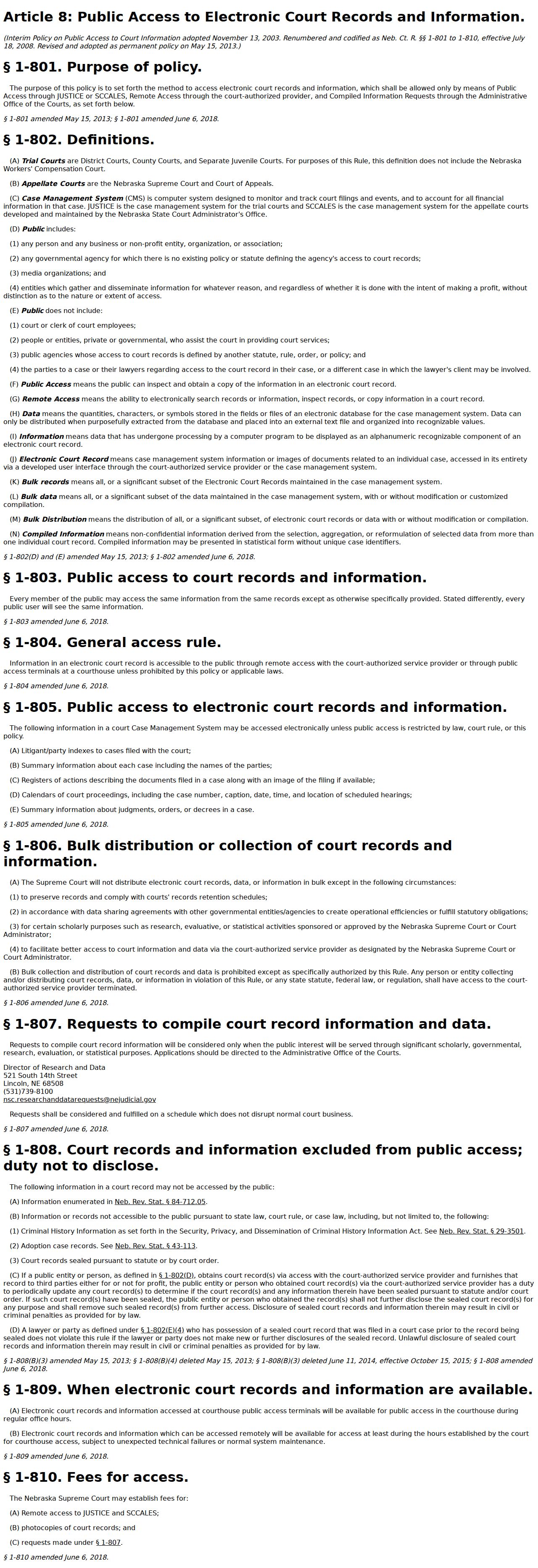 Nebraska public electronic court-record access rules