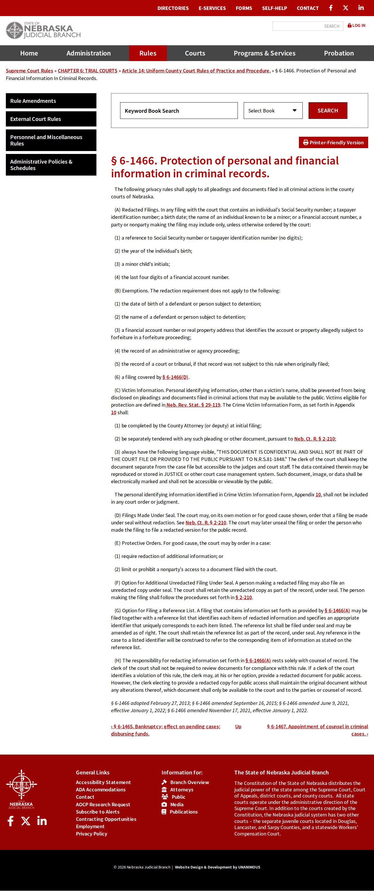 Nebraska court rule on protected personal and financial information