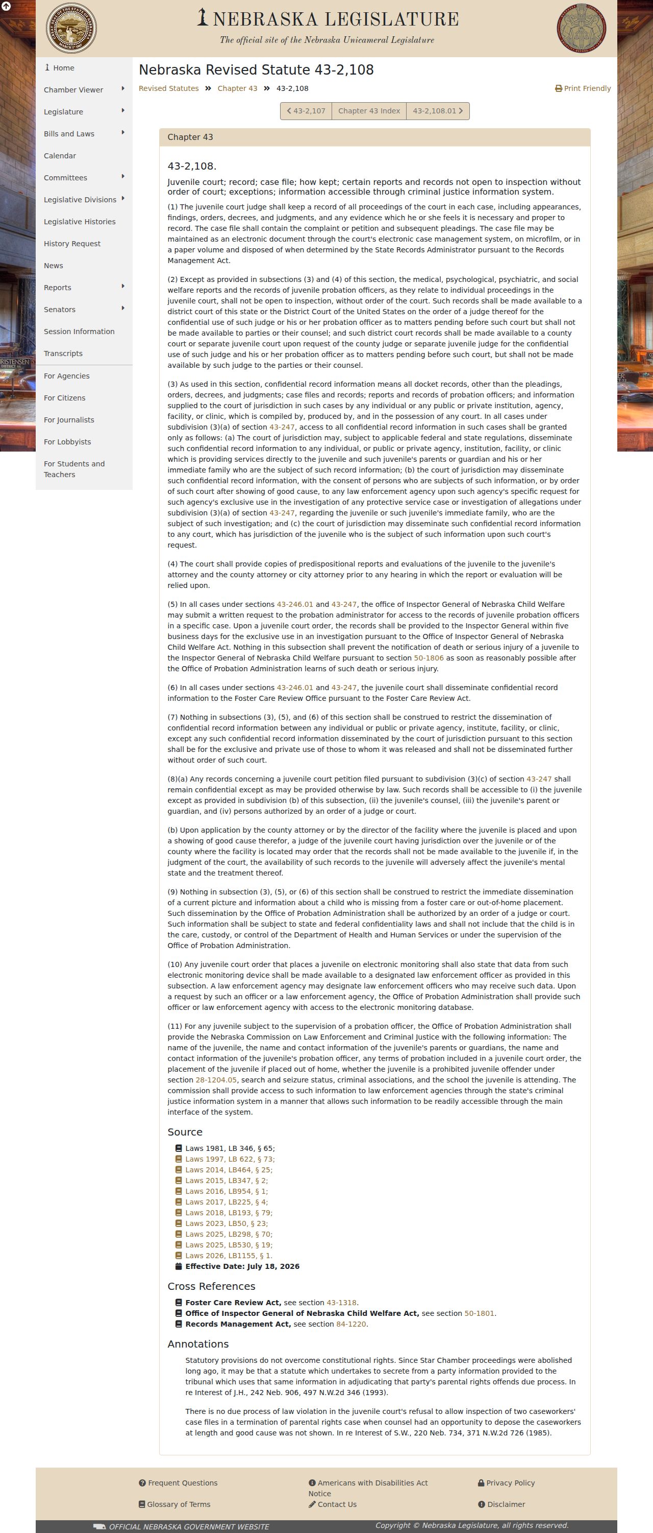 Nebraska juvenile record confidentiality statute page
