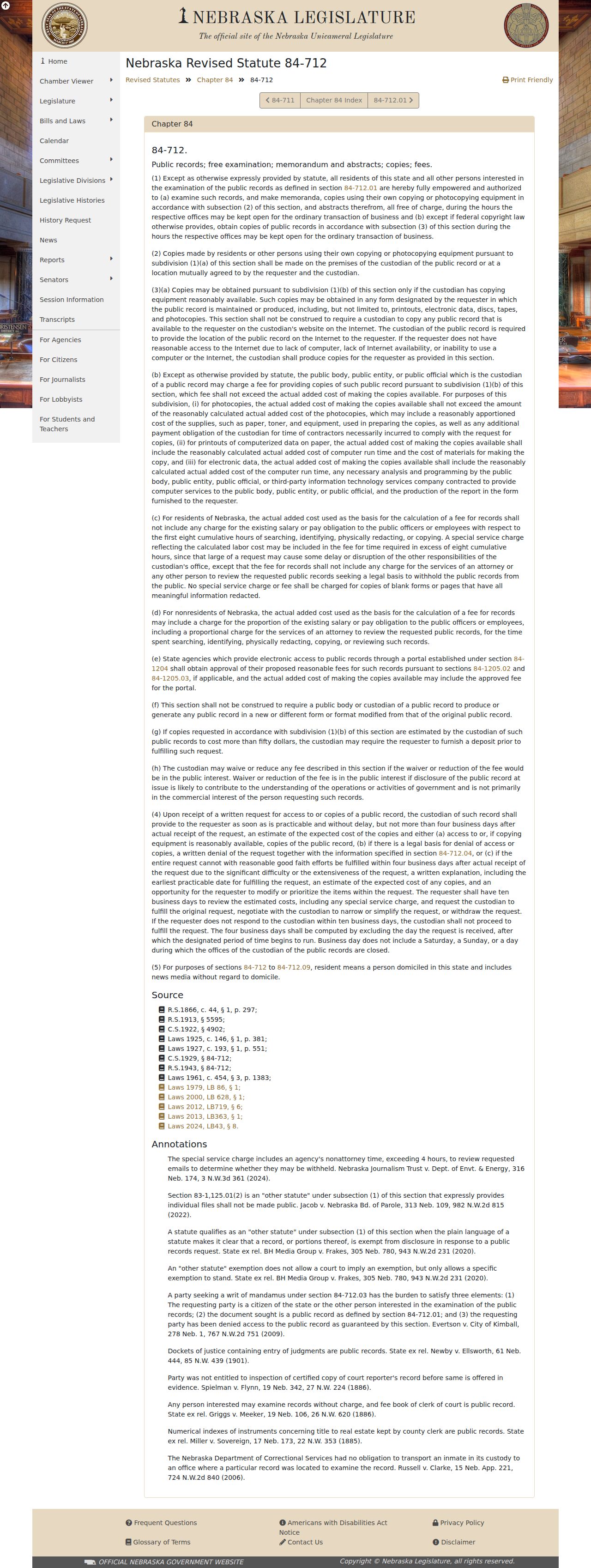 Nebraska Public Records Act statute page