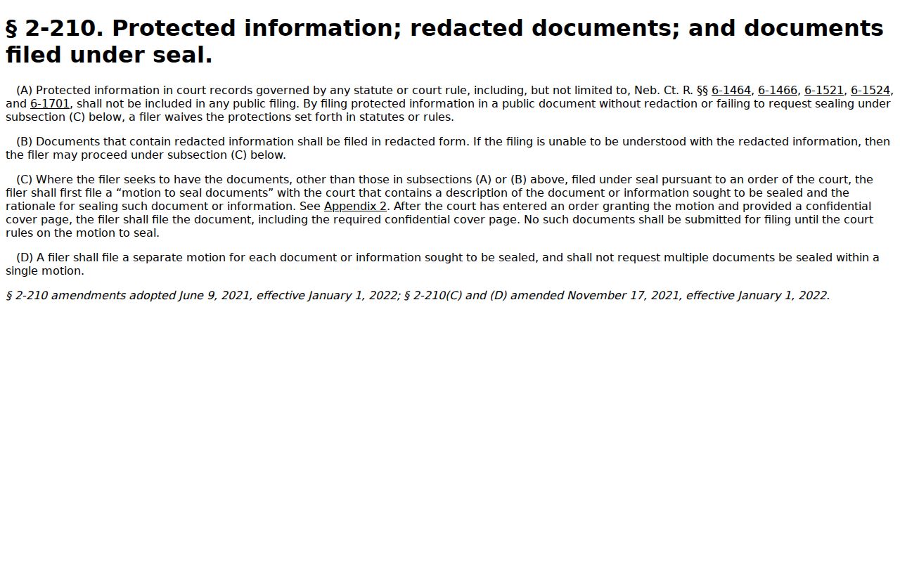 Nebraska appellate protected-information rule page