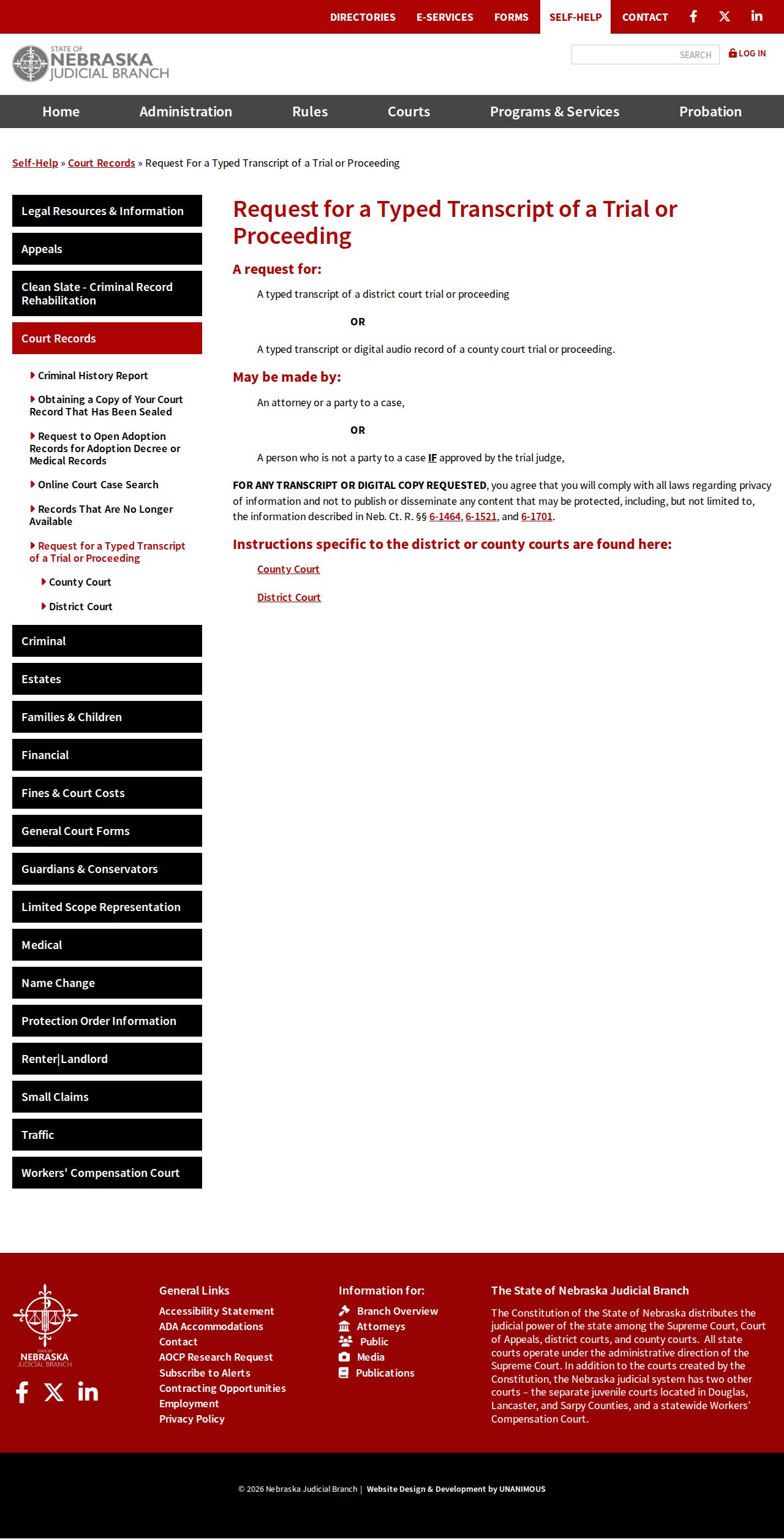 Otoe County court record transcript request information
