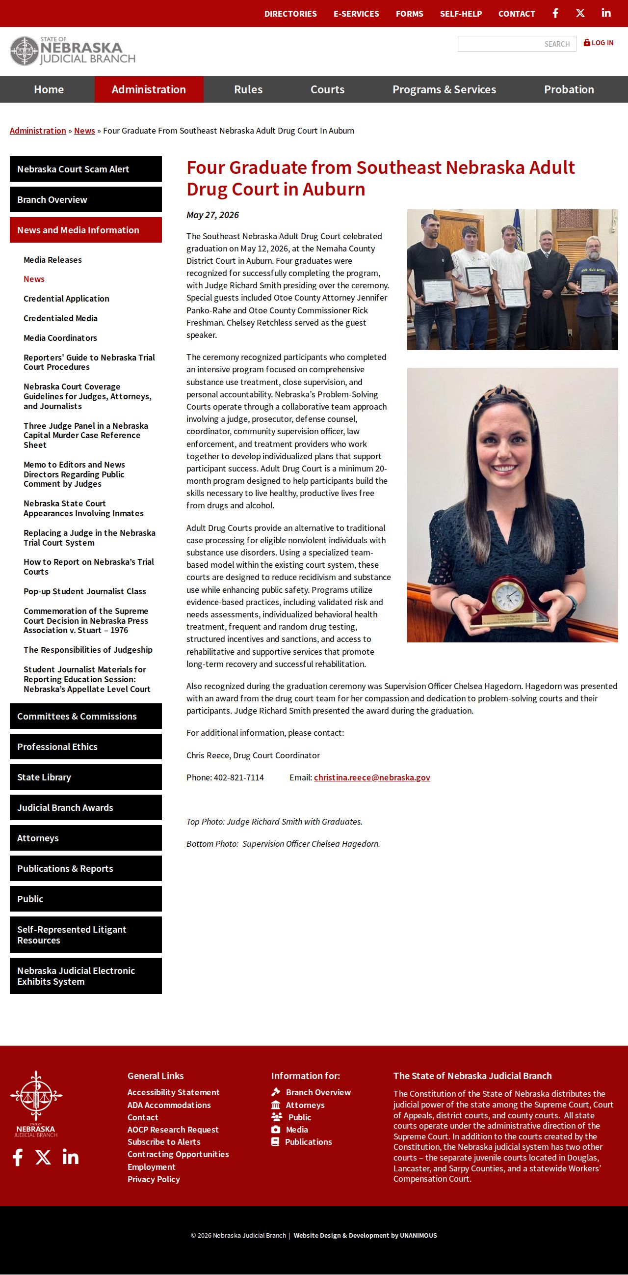 Nebraska Judicial Branch May 2026 Adult Drug Court graduation notice