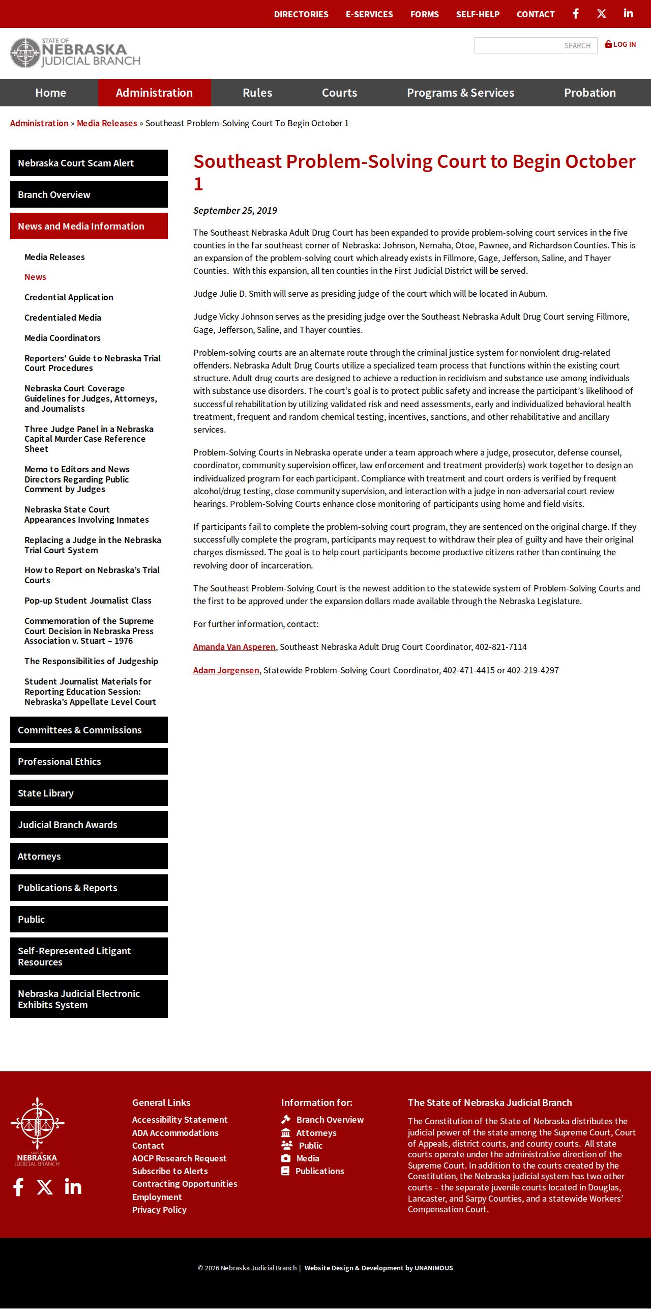 Nebraska Judicial Branch announcement about the Southeast problem-solving court