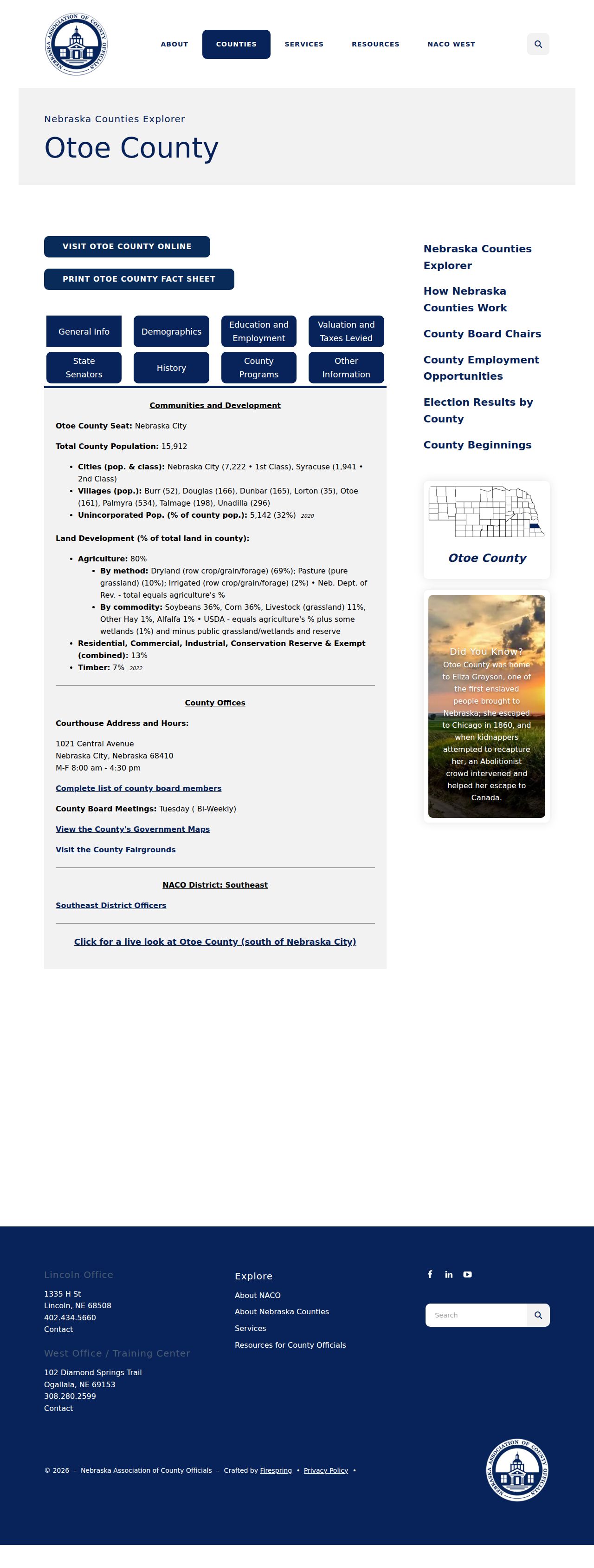 Nebraska Association of County Officials Otoe County history page
