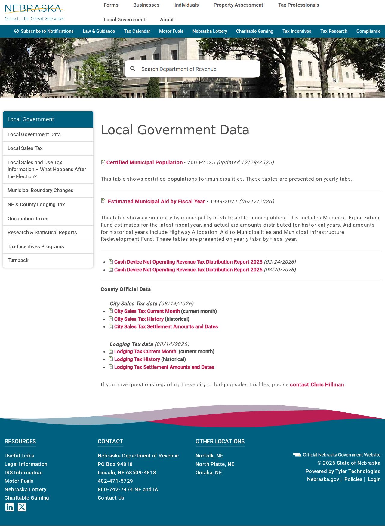 Nebraska Department of Revenue local government data page